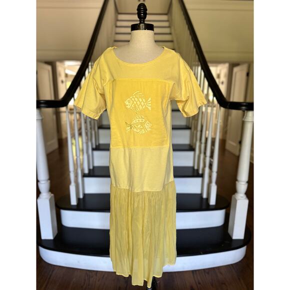 Vintage 90s Johnny Was Cotton Silk Yellow TShirt Dress Resort Beach Pool CoverUp - Picture 4 of 11